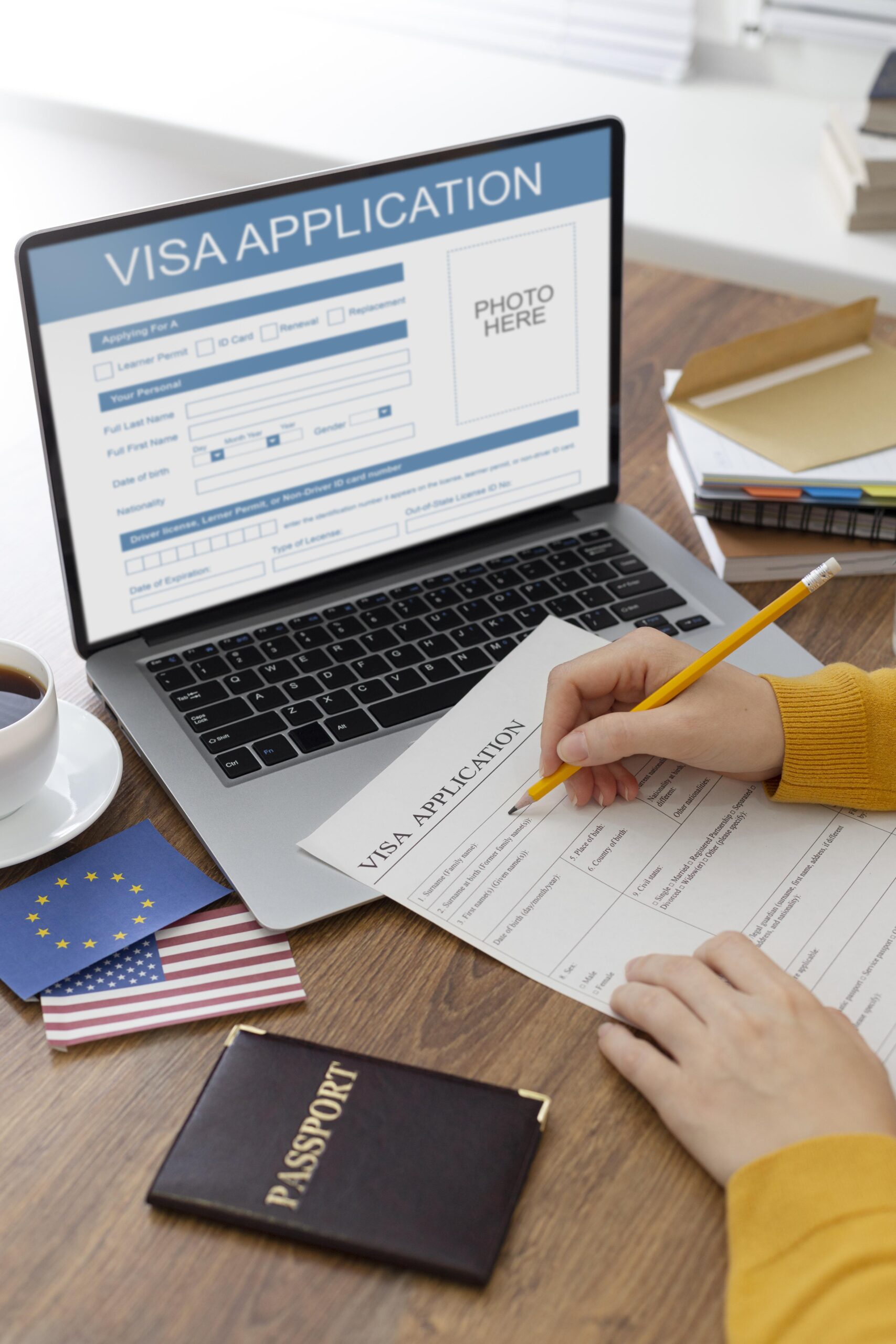 visa application composition with europe america flag
